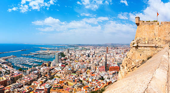 Alicante Santa Barbara castle with panoramic aerial view at the famous touristic city in Costa Blanca, Spain